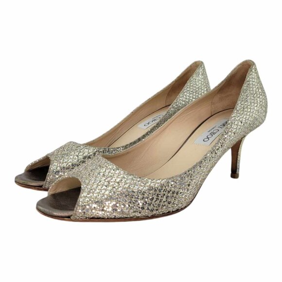 AUTHENTIC JIMMY CHOO Isabel Metallic Peep Toe Pump Sz 37.5IT (US7.5) - Champagne - Picture 5 of 10